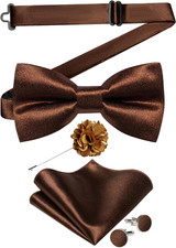 Mens Satin Pre-tied Bowtie Shiny Solid Bow Tie and Pocket Square Cufflinks Lapel