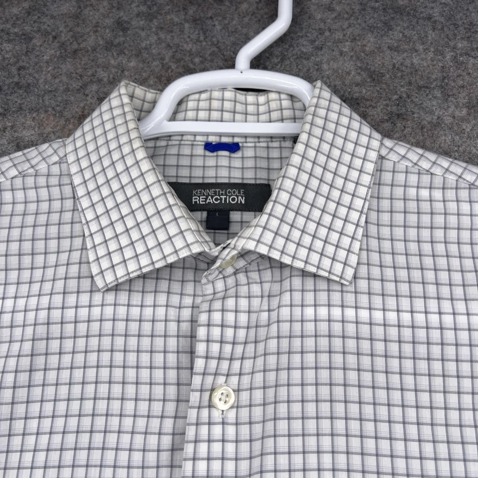 Camisa de vestir Kenneth Cole Reaction para hombre grande blanca gris a cuadros calce ajustado elástica Foto 2 de 4