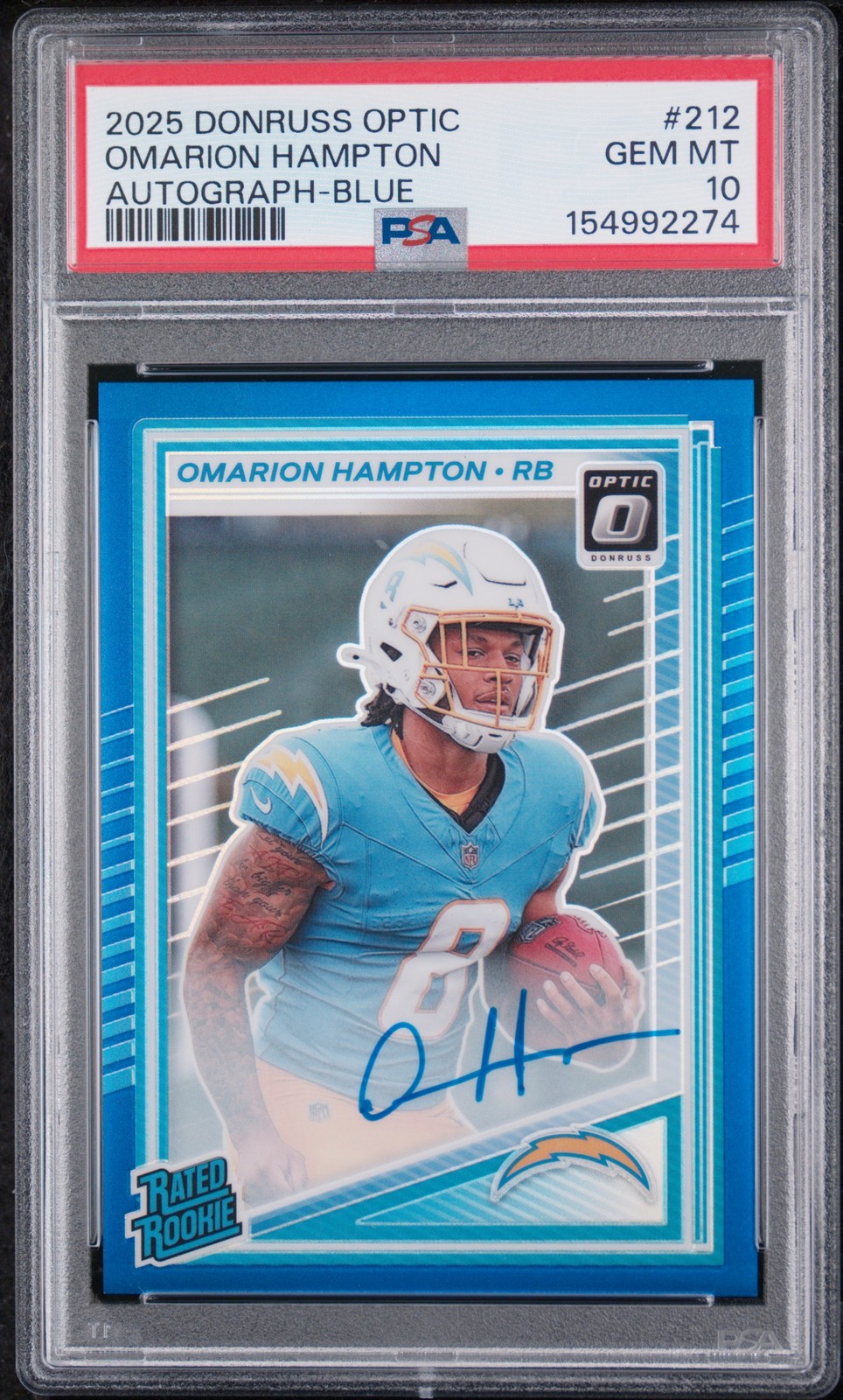 2025 PANINI DONRUSS OPTIC AUTO-BLUE #212 OMARION HAMPTON ROOKIE RC 56/149 PSA 10