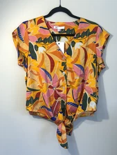 DR2 Women's Medium Tropical Floral Tie Front Top Satin V Neck Cap Sleeve NWT