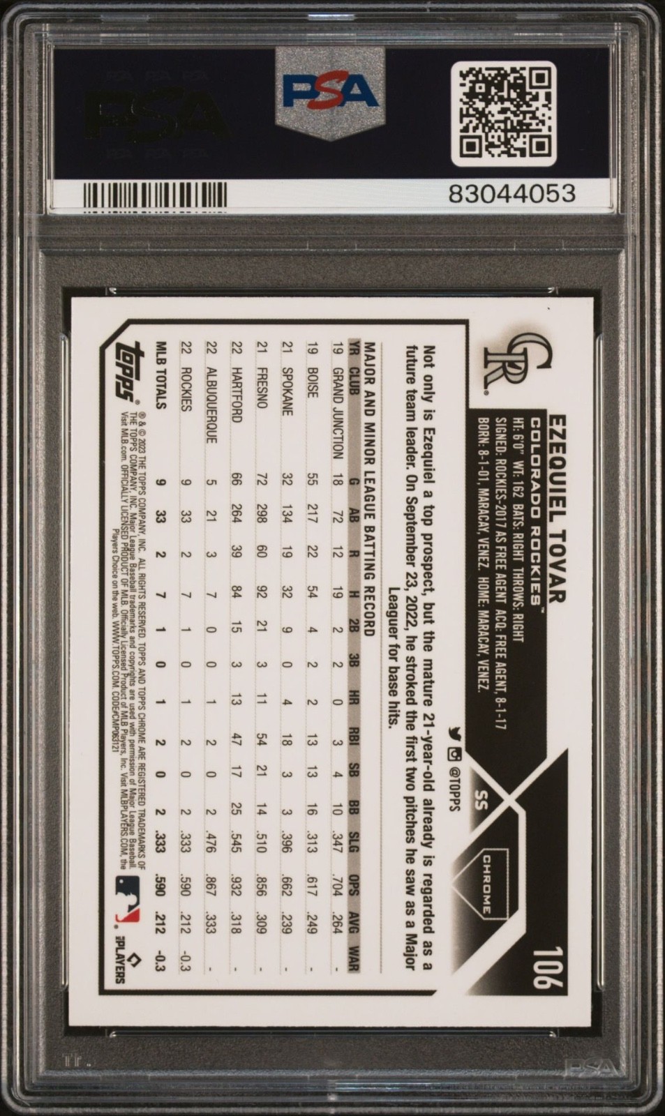 2023 Topps Chrome Ezequiel Tovar Prism Refractor Rookie #106 PSA 10 Gem Mint view 2