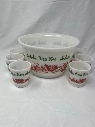 Vintage Hazel Atlas Egg Nog Milk Glass Punch Bowl Set w/ 6 Mugs Carriage