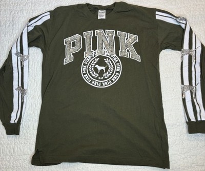 Victoria Secret PINK green long sleeve campus tee silver sequin Mega dog Sz S