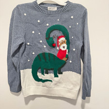 H M Kids Christmas Santa Dinosaur Graphic Knit Cotton Pullover Sweater 8-10