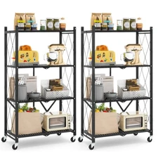 2PCS 4-tier Foldable Storage Shelving Unit w/4 Universal Wheels for Kitchen