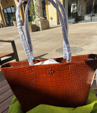 Tory Burch Thea Croc Embossed Tote Brown Zip Gold Hardware Detachable Strap