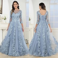 Lace Applique Mother of Bride Dresses with Sleeves Tulle Beaded Long Formal Gown