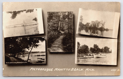 Postcard: Multi-view Manitou Beach, Michigan. Boats, Trails, Shore, RPPC, c1909