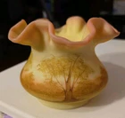 Vintage Fenton 4" Burmese Ruffled Vase Handpainted Trees UV Glows Gloria Finn