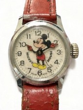 Vintage Bradley MICKEY MOUSE Swiss 29mm Wind Up Watch 23 Red Leather Band Runs