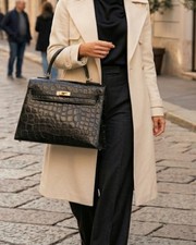 Borsa a Mano Vintage Anni '80 – Stile "Kelly" in Pelle Stampa Coccodrillo Nero
