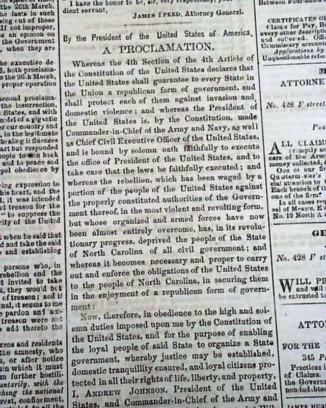 ABRAHAM LINCOLN Assassination Trial & Amnesty Pardon Proclamation 1865 Newspaper