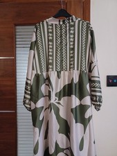 Boho Floral Midi Dress Green White Long Sleeve A-Line Ruffle Hem Size M For Sale