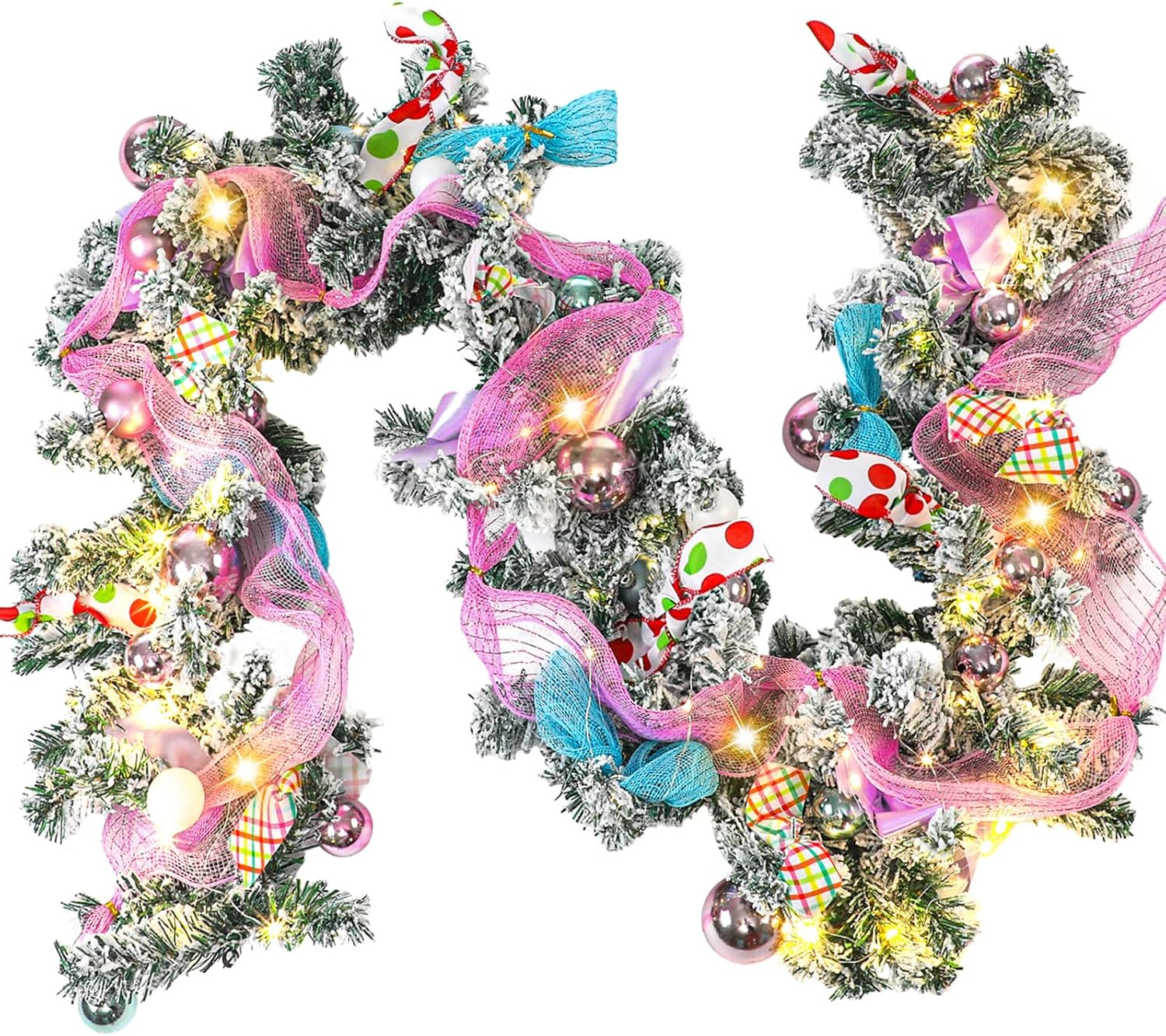 6 Ft Pastels Christmas Garland with Lights for Mantle Pink Candy Xmas Garland Ma