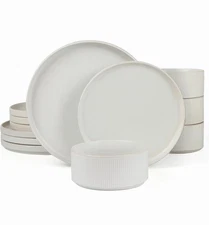 Famiware Star Dinnerware Set, Plates & Bowls- Set Of 4, 12 Pieces Ribbed Dishes