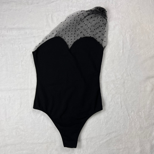 Boohoo Black Dobby Organza Asymmetric One Shoulder Mesh Polka Dot Bodysuit Sz 2