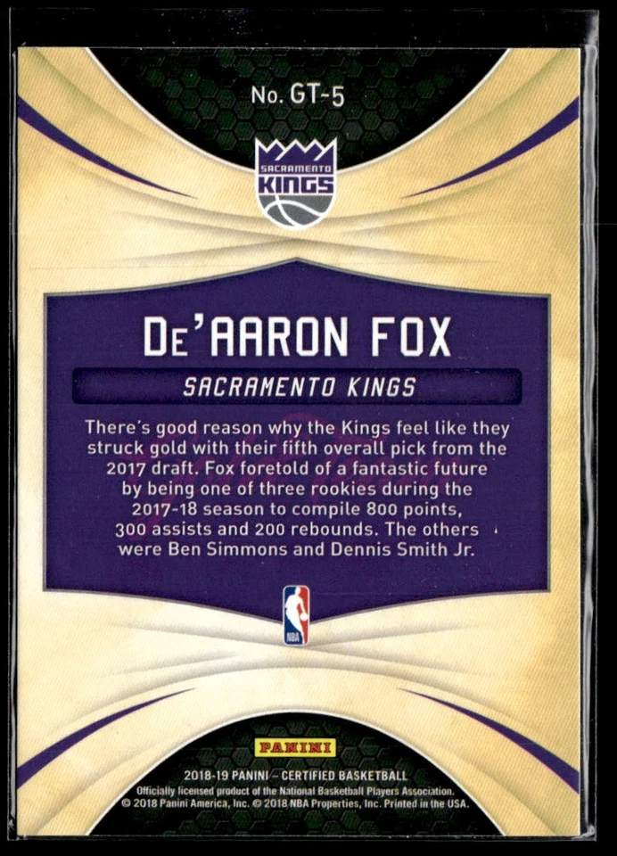 2018-19 Panini Certified #GT-5 De'Aaron Fox Gold Team - Image 2 of 2