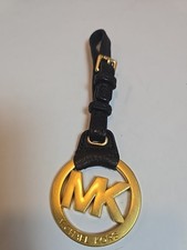 New Authentic Michael Kors MK Logo Gold Charm Black Leather Strap Handbag Fob