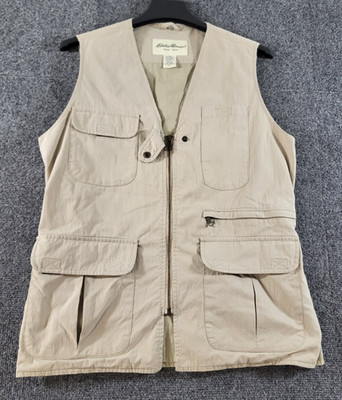 Eddie Bauer Fishing Outdoor Vest Mens S Beige Full Zip Flap Pockets Cotton/Nylon