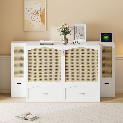 Full Size Murphy Bed Wall Bed with Drawer Rattan Decoration and 2 Cabinets White - Picture 2 of 9