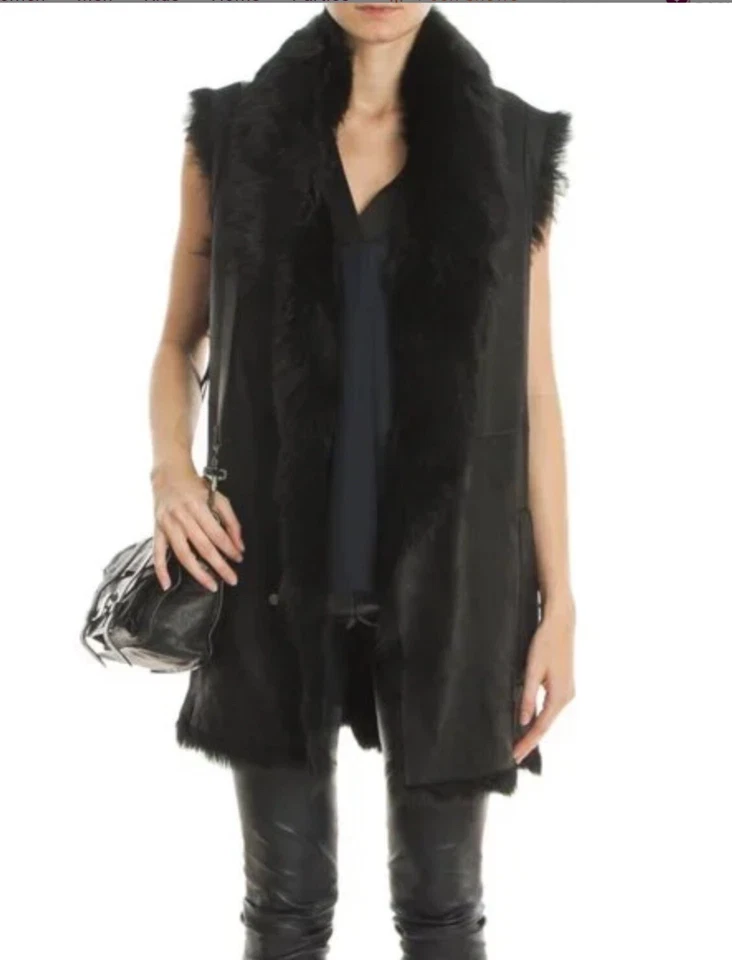 Chaleco VINCE Luxe Reversible Toscana Cuero de Oveja Negro con Cinturón M $1995 ¡RARO!! Foto 2 de 4
