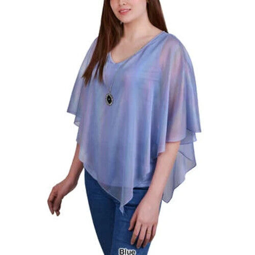 Women's NY Collection Blue Chiffon Asymmetrical Popover Blouse - Small - Picture 2 of 2