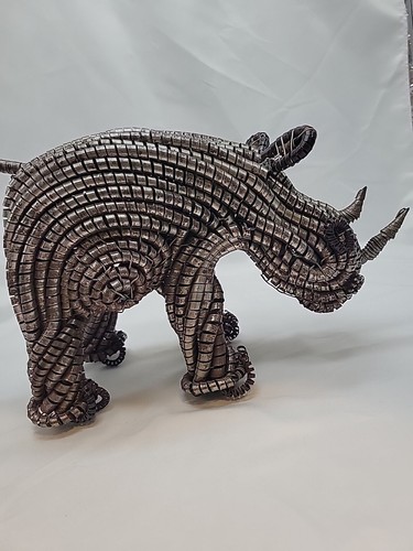 Handmade Lathe Rhino Figurine Recycled Metal Shaving Coil Art - Picture 5 of 15