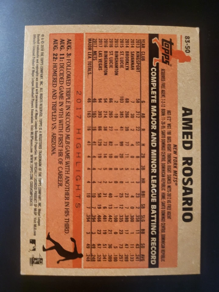 2018 Topps Amed Rosario RC #83-50 35th Anniversary Mets 17A - Image 2 of 2