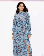 Loft Bright Blue Pink teal Paisley Bouquet Mock Neck Dress SZ 6 Bell Cuffs