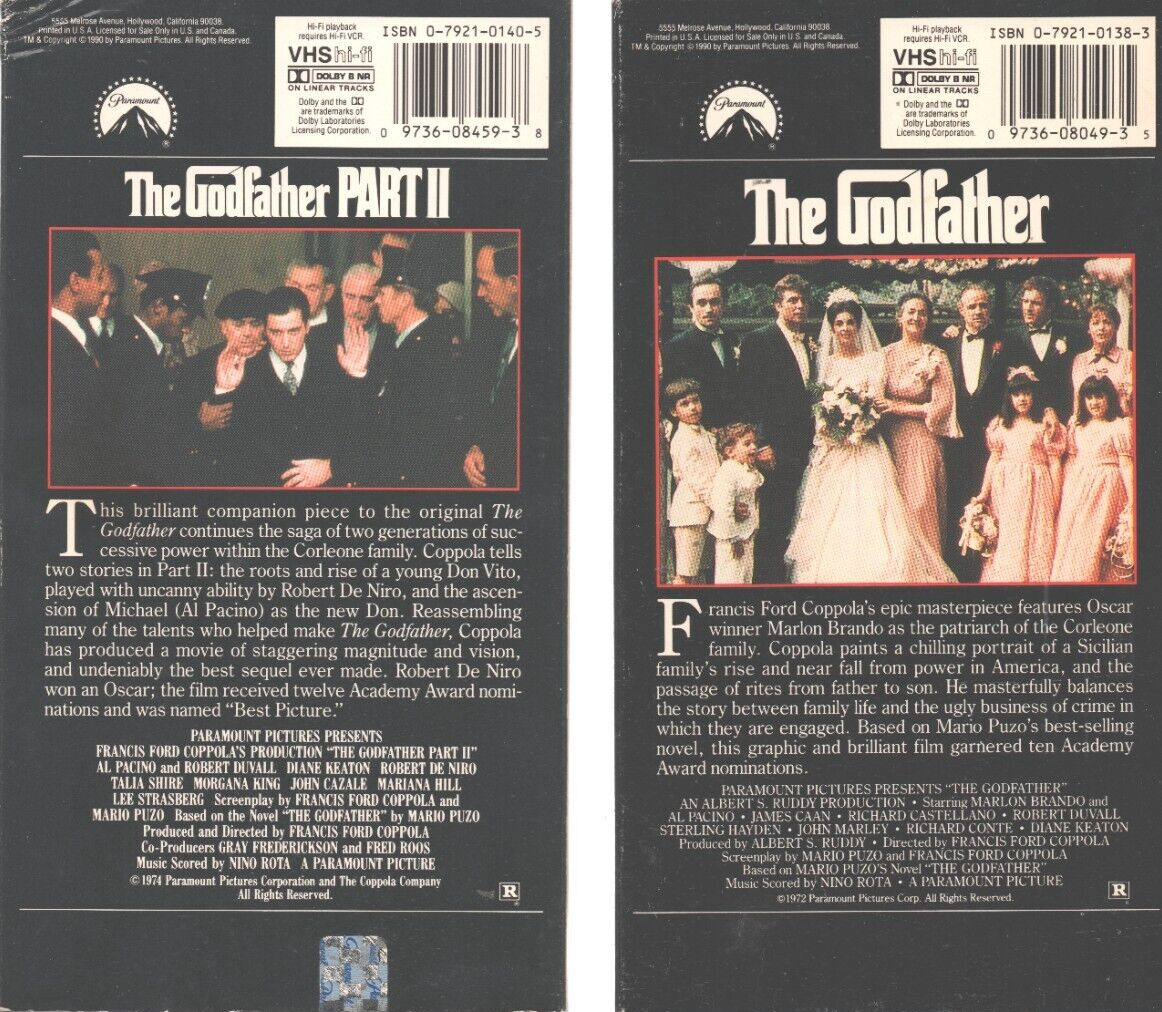THE GODFATHER Part I & II Al Pacino Marlon Brando 1990 VHS