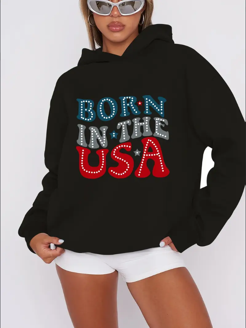 Women’s Born in the USA Casual Rib-Knit Graphic Hoodie