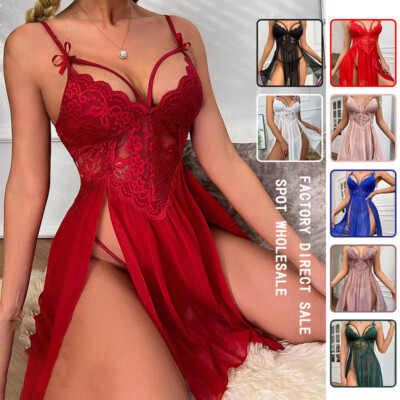 Women Sexy See Through Lace Mesh Fun Lingerie Embroidery Night Dress +Gstring