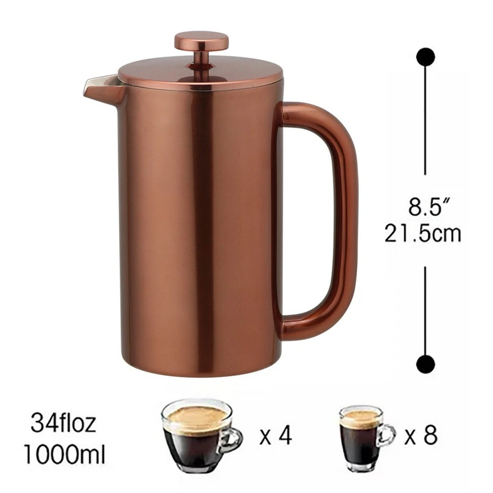 Cobre 34OZ Doble Pared Acero Inoxidable Prensa de Café Francesa Émbolo Tetera Foto 3 de 4