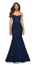 La Femme Navy Blue Cross Back Stretch Sparkle Lace Mermaid Gown 4 $518 Prom