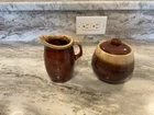 Vintage Hull Oven Proof Pottery Brown Drip Glaze Creamer and Sugar Bowl Set USA