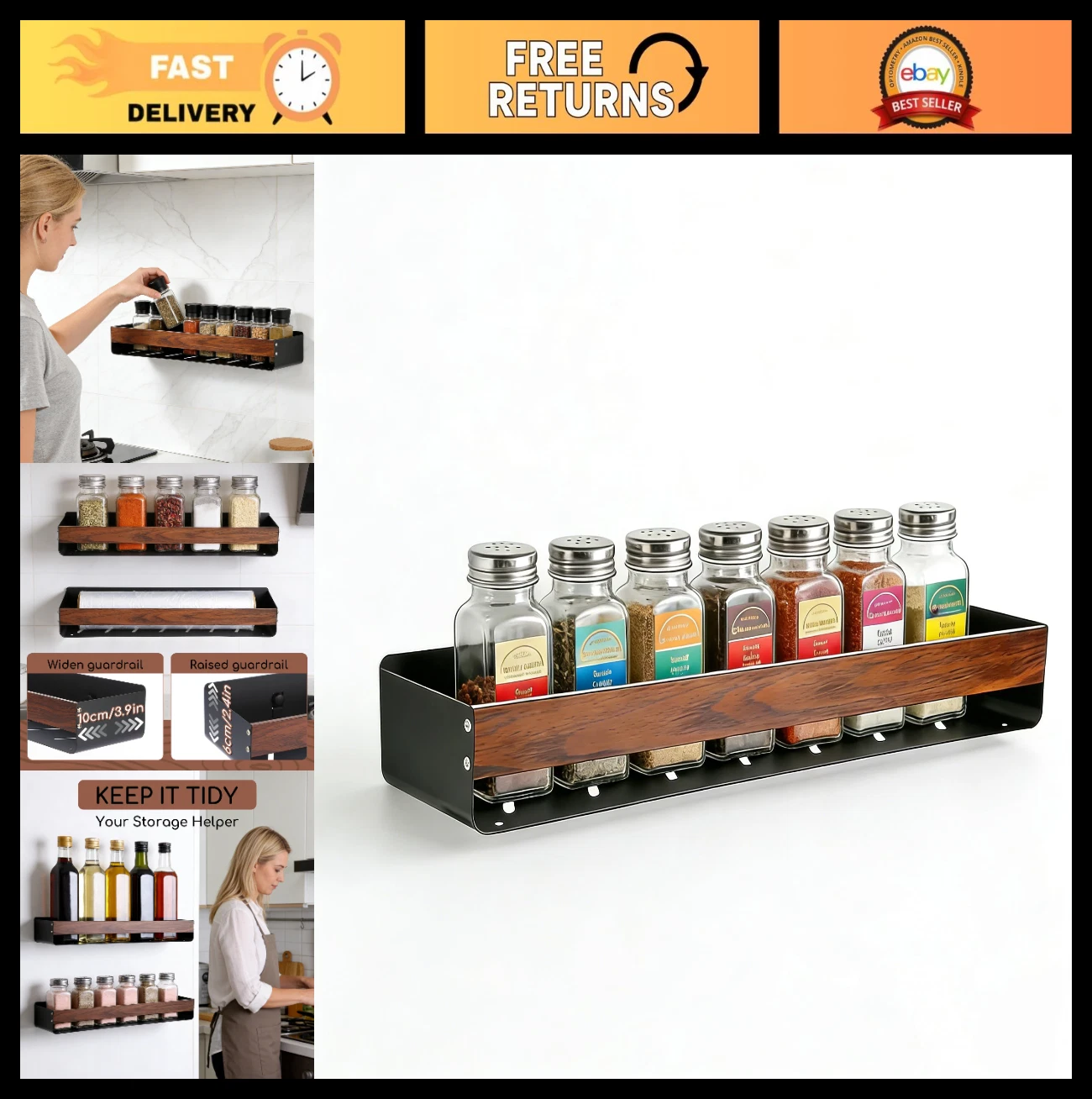 Wall-Mounted Spice Rack - Durable Carbon Steel & Acrylic, Space-Saving Seasoning
