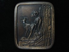 QD07108 VINTAGE 1976 BIG HORN SHEEP/RAM ART COMMEMORATIVE BRASSTONE BUCKLE