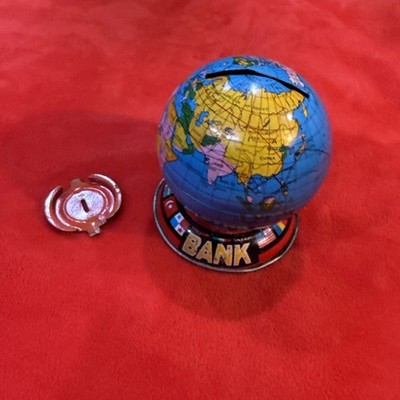 Vtg Litho Tin World Map Globe Banks w/Plugs No  Key - Japan(?)