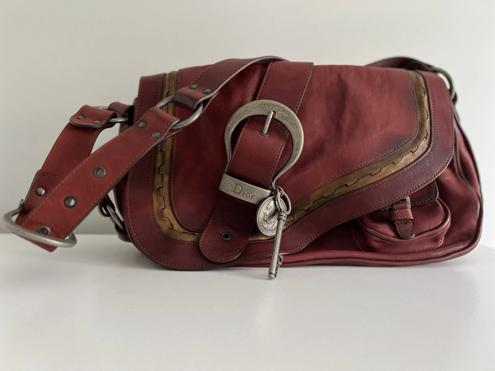 Auth DIOR/ChristianDior Gaucho Red Brown Leather Shoulder Bag