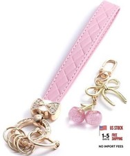 Keychains Wristlet Women Car Key Fob Keychain with Cherry Bag Charm, Bow Pink