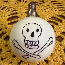 RARE Antique Halloween Milk Glass Light Bulb Skulls & Crossbones Japan ca. 1930s