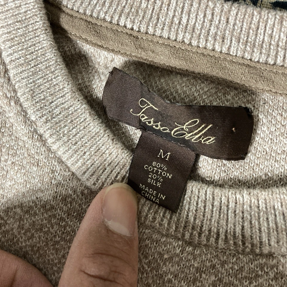 Tasso Elba Mens knit Sweater Medium beige brown ish silk blend shoulder accent M - Image 3 of 4