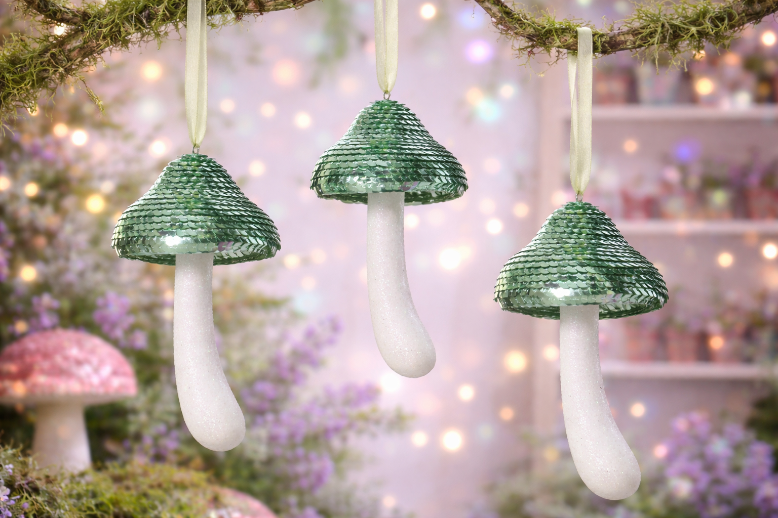 Sparkly Mushroom Hanging Decorations Sequin Toadstool Ornaments Fairy Decor