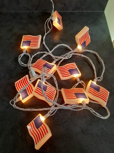 Patriotic Plastic American Flag 4th of July String Lights, 10 Count- Plug in