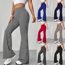 Womens Houndstooth Flared Trousers High Waist Bootcut Bell Bottoms Pants UK