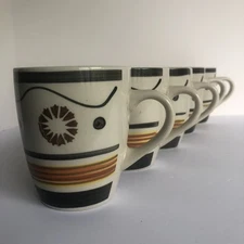 Tabletops Fresco Mugs 14 Oz Gray Brown Yellow Orange Bands Dots Hand Painted 5