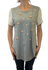 3.1 Phillip Lim Grey Short Sleeve Blouse T-Shirt Combo Floral Applique Pearls 4