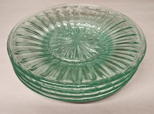 Anchor Hocking Green Depression Glass Block Optic Uranium Saucer Set Of 4
