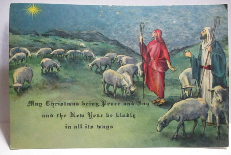 1930s POSTCARD MAY CHRISTMAS BRING PEACE & JOY,SHEPHERDS,SHEEP, STAR