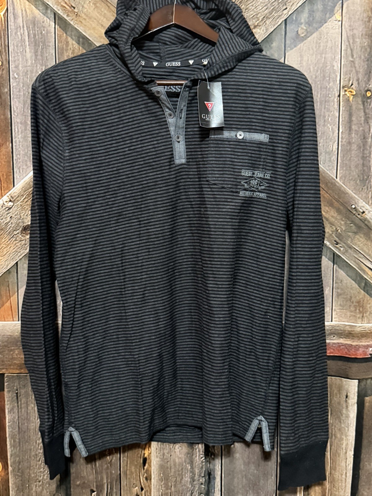 Men's GUESS Black Light Pullover Hoodie Sz L Stripes 3 buttons NWT 92% Cotton